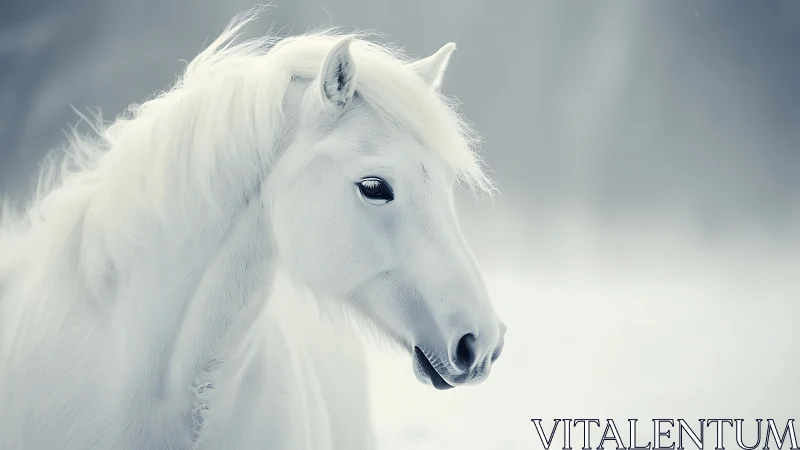 Winter-lit white horse in soft-focus snowy minimalism.