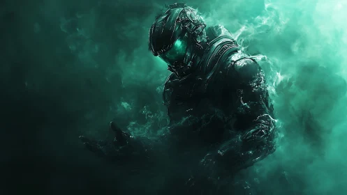 Mysterious armored wanderer rising from glowing cosmic mist.