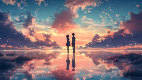 Silhouetted couple on reflective tidal flats at luminous sunset