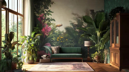 Lush biophilic living room integrates mural foliage and diffused daylight