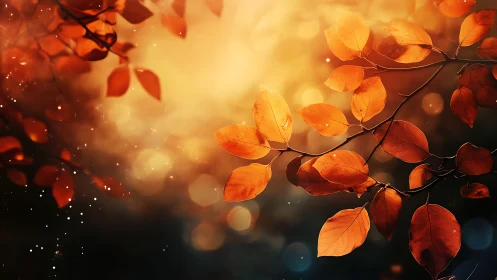Autumn leaves glow under warm backlit golden bokeh.