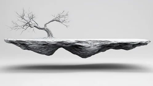 Monochrome 3D floating rock slab with sculptural barren tree.
