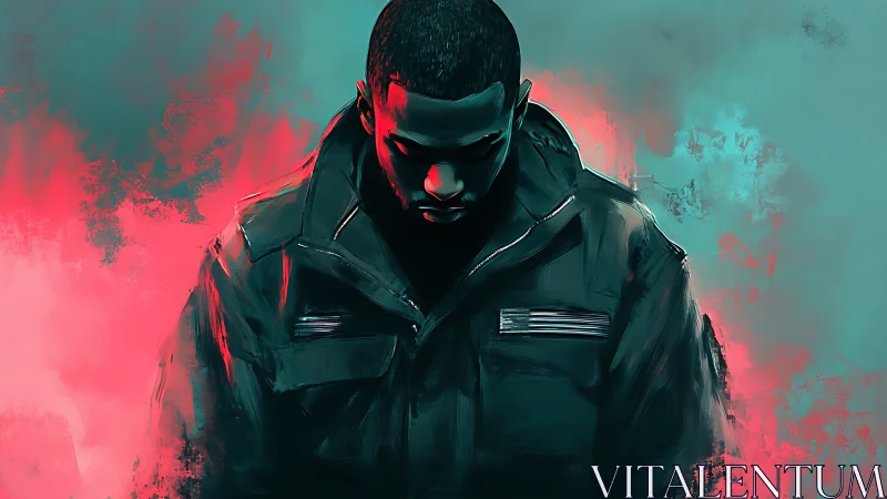 Brooding man in neon mist embraces silent inner conflict