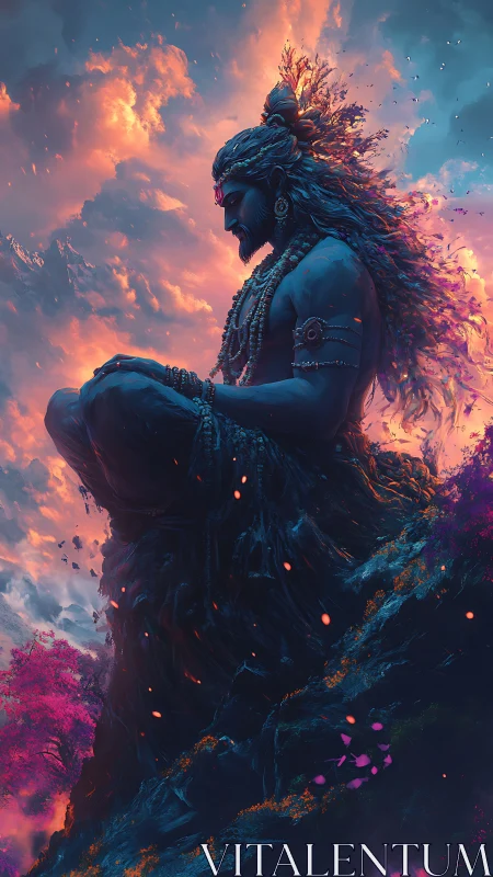 Divine blue yogi in meditative silhouette amid flaming sky.