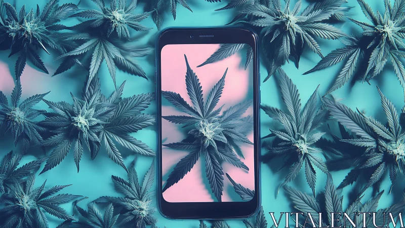 Cannabis leaves frame smartphone screen in neon contrast