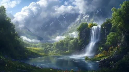Gentle waterfall retreat beneath storybook mountain skies.