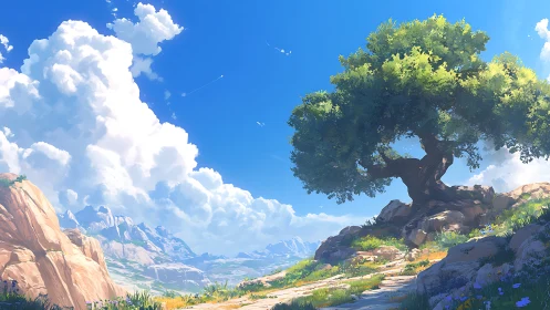 Solitary hillside tree overlooks distant sunlit valley