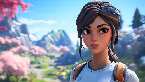 Freckled adventurer surveys stylized spring mountain valley.