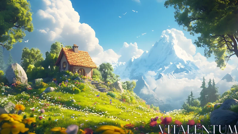 Sunny mountain cottage nestled in a bright wildflower meadow.