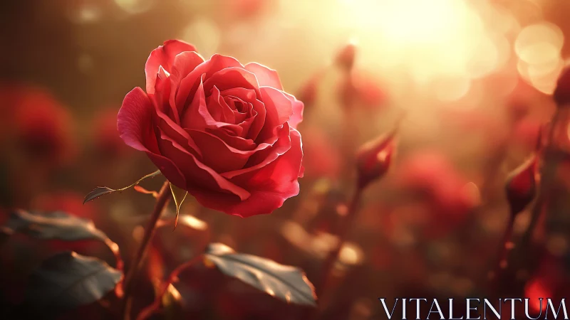 Radiant Red Rose Glowing in Golden Sunlight.