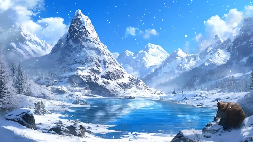 Snowcapped peak towers over frozen lake under clear sky