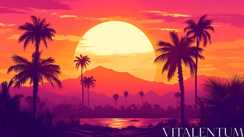 Radiant tropical sunset silhouettes palms in neon warmth