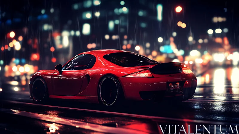 Red sports coupe on wet city street at night in rain.