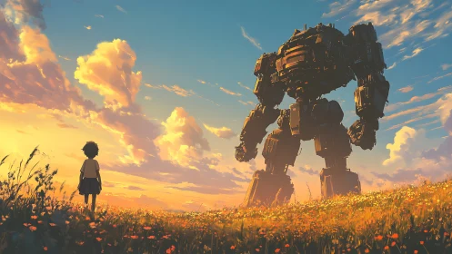 Child and large mech robot in sunset field landscape scene.