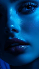 Midnight blue portrait glows softly across lips and gaze
