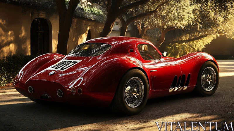 Vintage red race coupe glows under dappled evening light