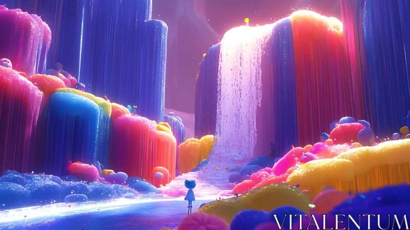Child stands before luminous candy colored fantasy waterfall