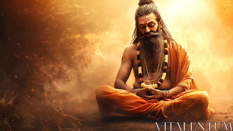 Seated ascetic figure meditating amid diffuse orange light