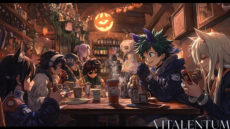 Cozy anime friends share warm drinks in a softly lit cafe