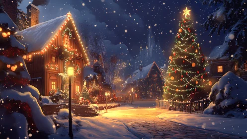 Snowy village street shows lit Christmas tree and houses
