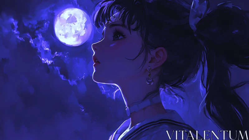 Moonlit girl gazes upward, wrapped in deep blue night glow