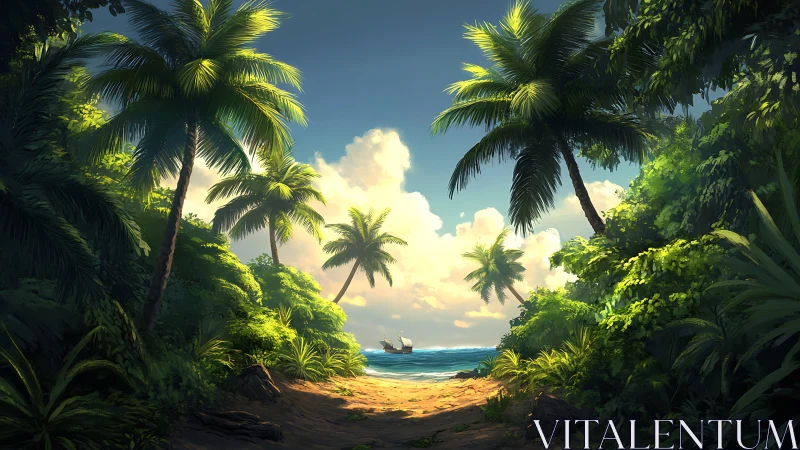 Tropical Coastal Landscape: Palms and Sandy Beach with Distant Vessel
