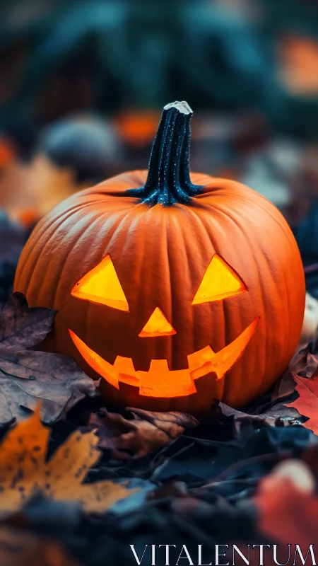 Illuminated carved pumpkin in autumn leaves at twilight.