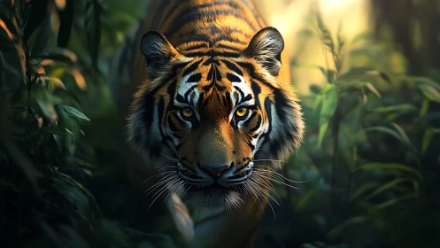 Predatory tiger stalking through lush backlit rainforest undergrowth.