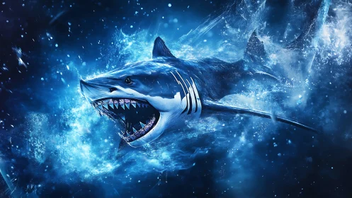 Electric blue shark storm surging through cosmic seas.