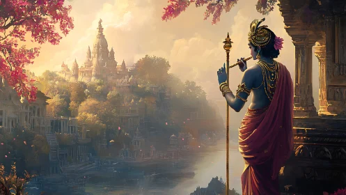 Divine flutist overlooking riverfront temple city at sunrise