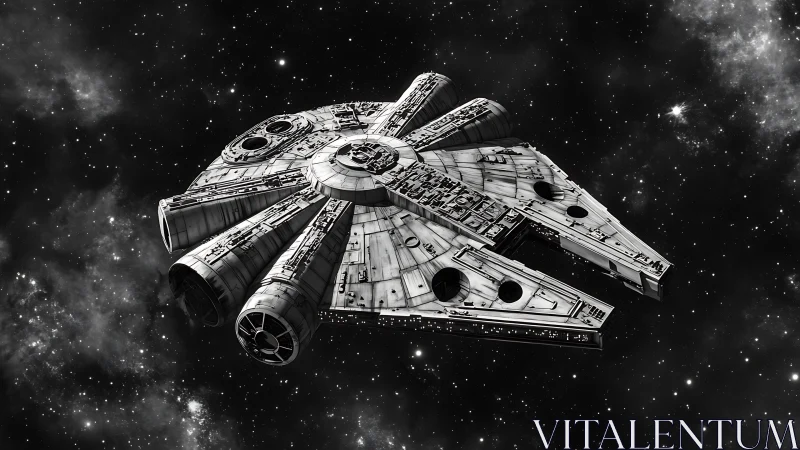 Detailed starship hull rendering in high-contrast space field.