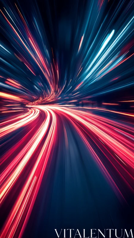 Racing neon light trails carve a glowing highway through night