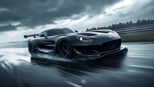 Aerodynamic black supercar powers through wet racetrack twilight