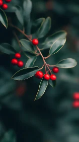Crimson berry constellations on dusk-deep green leaves.