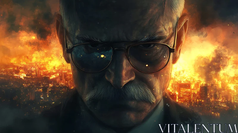 Older man in glasses faces burning urban skyline at night