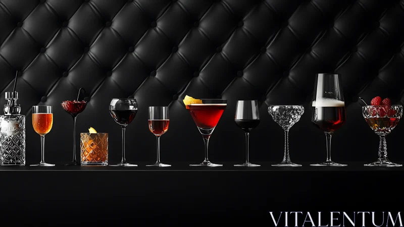Luxurious cocktail lineup against quilted black leather wall.