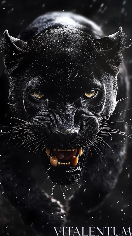 Menacing Black Panther with Golden Eyes in Snowy Night