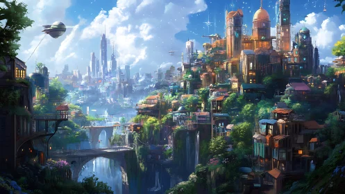 Luminous terraced future city with waterfalls and airships.