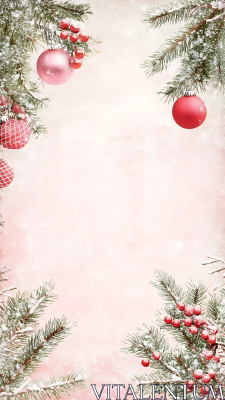 Frosted fir branches with pink baubles framing pastel background.