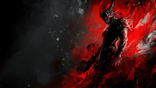 Demonic horned figure in red and black abstract flames.