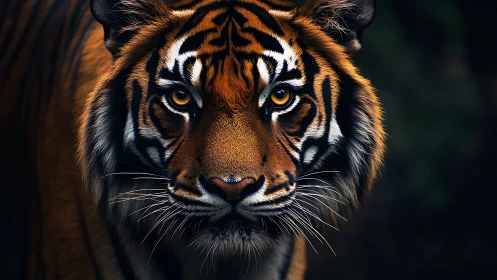 Symmetric close-range tiger portrait with low-key tonal control.