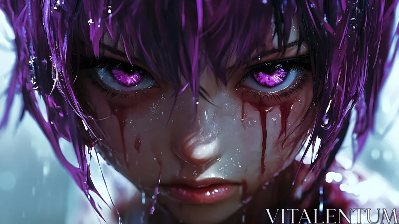 Close-up of intense purple-eyed character with wet, bloody face