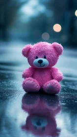 Pink teddy bear glows softly against a rainy city street