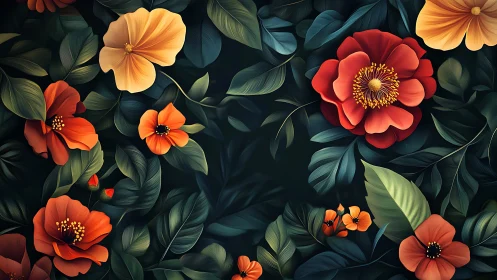 Vibrant floral composition with layered blooms against dark foliage backdrop