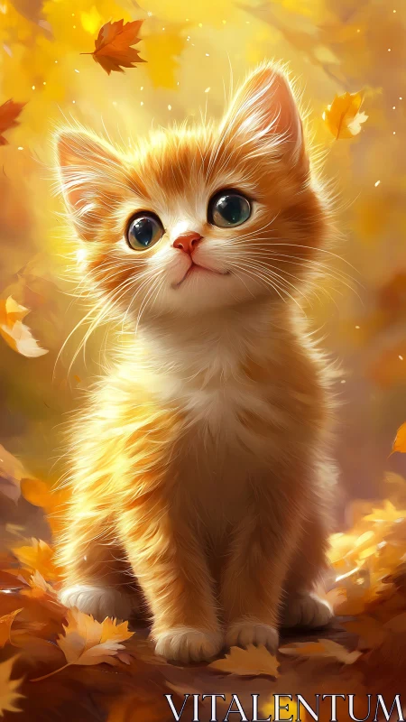 Radiant Autumn Kitten Surrounded by Golden Leaves.