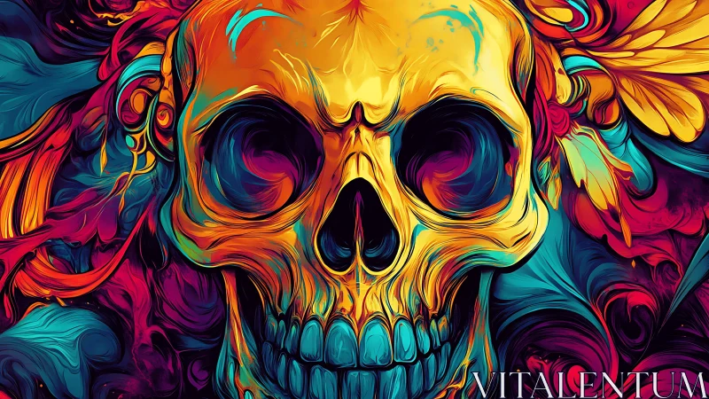 Vibrant neon skull glows amid swirling abstract colors