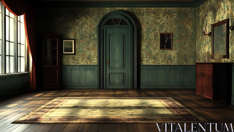 Sunlit vintage parlor with teal door and worn rug.