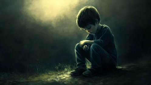 Young boy sits alone in dim light on a shadowed ground