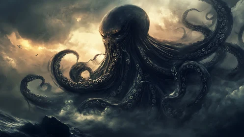 Giant dark octopus looms over stormy ocean horizon