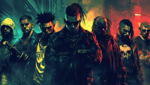 Group of armed figures stands in neon lit urban alleyway